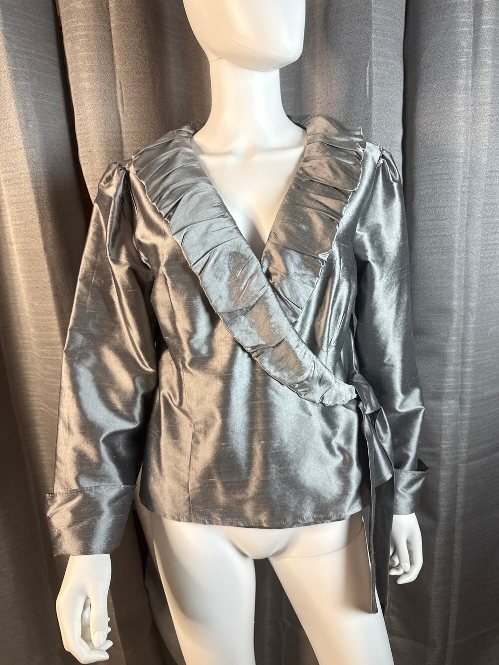 Vintage Sunny Leigh Pewter Grey Silk Blouse Sz 16